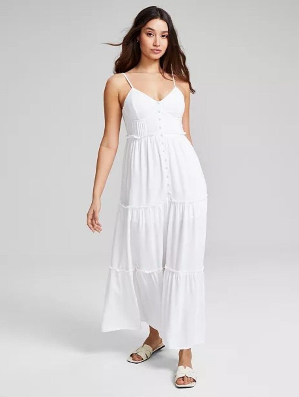 Linen Blend Macys White Button-Front Tiered Maxi Dress